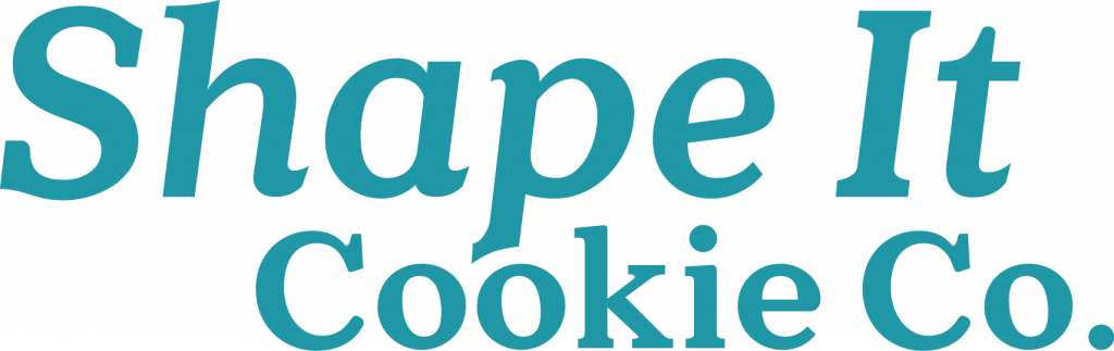 Shape It Cookie Co. font logo in turquoise.