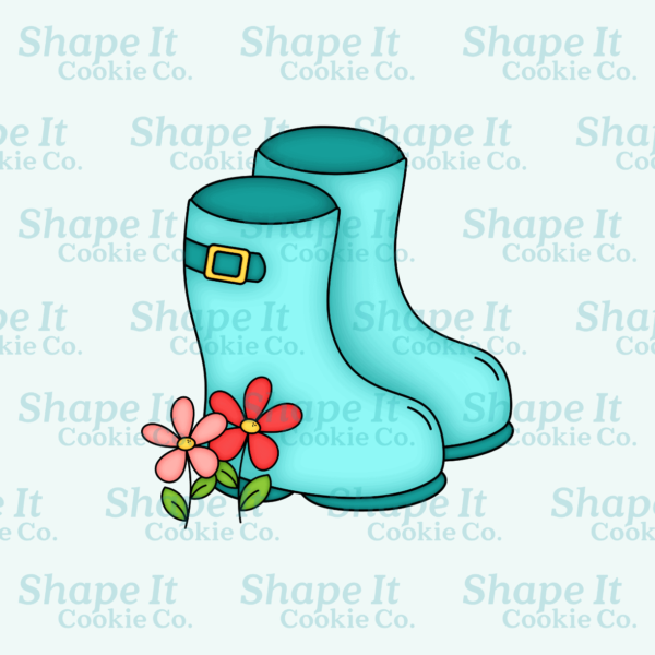 Blue rain boots with red and pink flowers cookie cutter image for Shape It Cookie Co.
